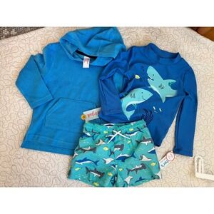 New Boys 4T Shark Swim Set Carters Rash Guard Trunks Cat & Jack Terry Hoodie 3pc